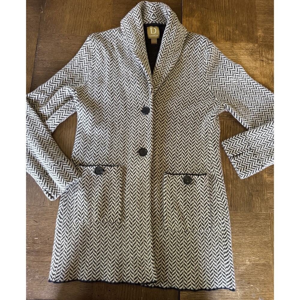 Damask Cardigan Shacket Women’s Size L Merino Cashmere Blend Herringbone‎ Knit